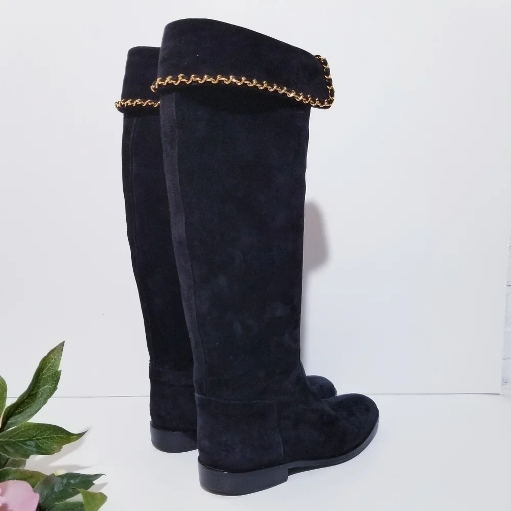CHANEL Vintage Black Suede Leather & Signature Chain Tall Riding Boots 35